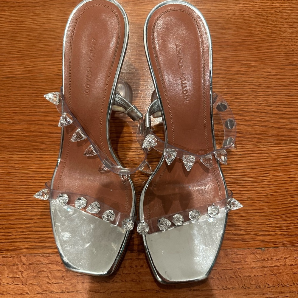 Amina Muaddi Silver Crystal-Embellished Slide Heels